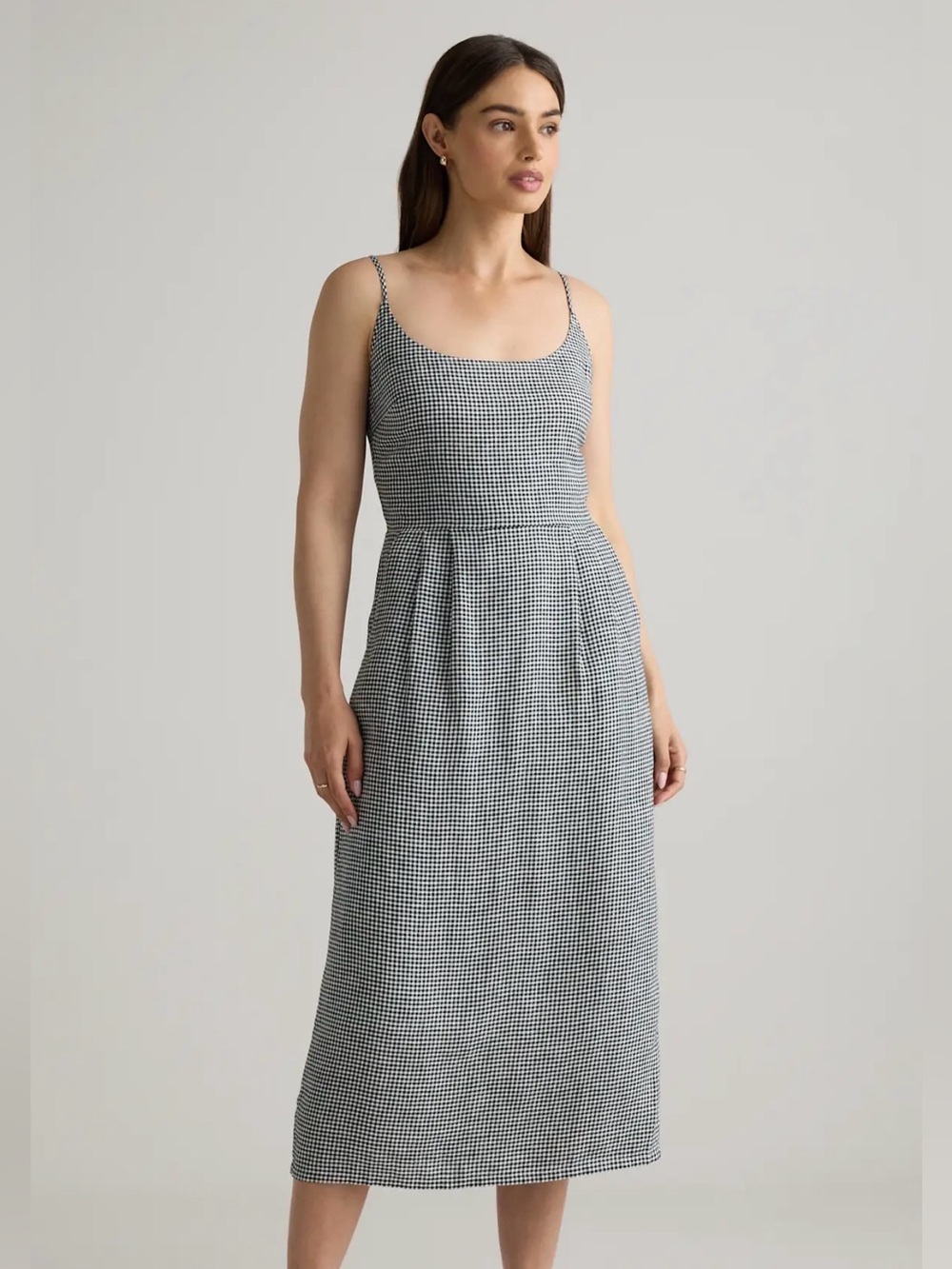 Quince 100% European Linen Scoop Neck Midi Dress Gingham L